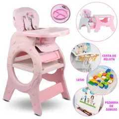 BABY HAPPY - Silla de Comer 6 en 1 Cesta Plato Lego y Pizarra Rosado