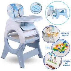 BABY HAPPY - Silla de Comer 6 en 1 Cesta Plato Lego y Pizarra Celeste