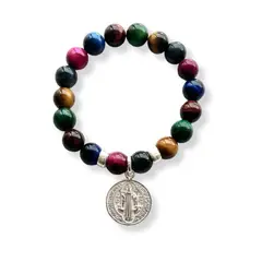 SANTORAL - Pulsera Medalla de San Benito - Ojo de Tigre y Plata