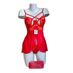 GENERICO - LENCERIA BABYDOLL DE ENCAJE ROJO CON MEDIAS PIJAMA SEXY