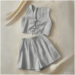 ROSUE - Conjunto playero Rayas casual 2 piezas Lino