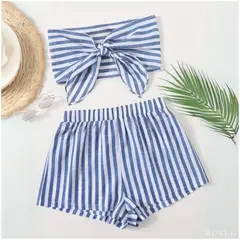 ROSUE - Conjunto Playero Lazo Top y Short Lino Rayas