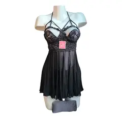 GENERICO - LENCERIA BABYDOLL DE ENCAJE NEGRO CON MEDIAS PIJAMA SEXY