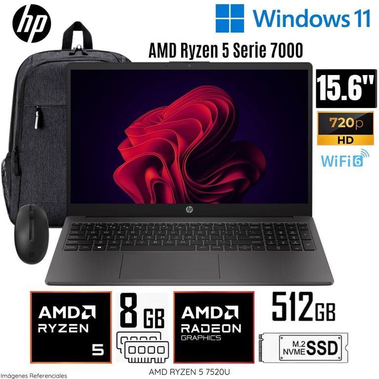 Laptop 255 G10 (A12HBLT#ABM) AMD Ryzen5-7520U 8GB RAM 512GB SSD 15.6" HD + Mochila y Mouse