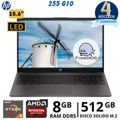 HP - Laptop 255 G10 AMD Ryzen 5 - 7520U 15.6"HD, Ram 8Gb, SSD 512Gb, FreeDos