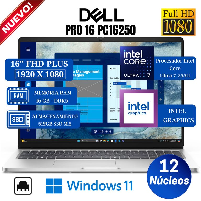Laptop Pro 16 PC16250 16” FHD Plus, Intel Core Ultra 7-255U, Ram 16GB, Ssd 512 GB, Win 11 Pro