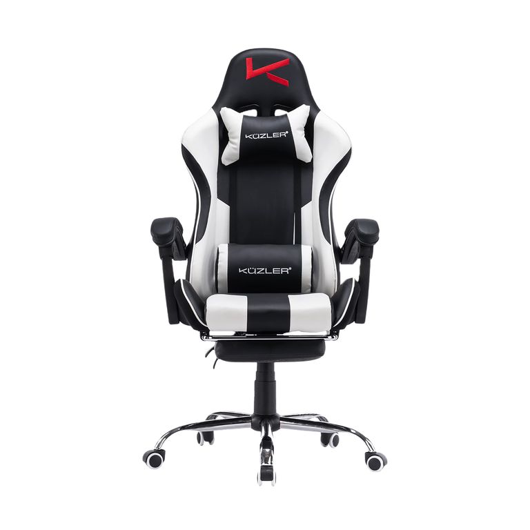 Silla Gamer Blanca Masajeador Lumbar Reposapiés y Base Metál