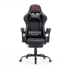 KUZLER - Silla Gamer Negra con masajeador lumbar reposapiés y base metálica