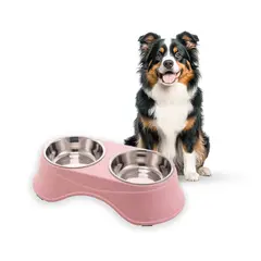 S&T - Comedero Elevado Doble Para Mascotas Acero Inoxidable Rosado
