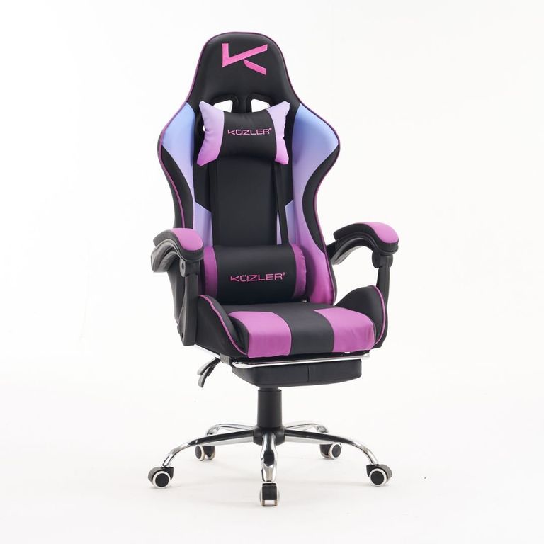 Silla Gamer Morada Masajeador Lumbar Reposapiés y Base Metál