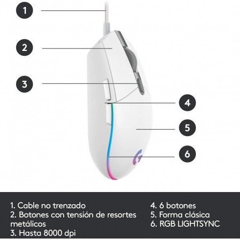 Mouse G203 BLANCO RGB LIGHTSYNC Con 6 Botones Para Juegos