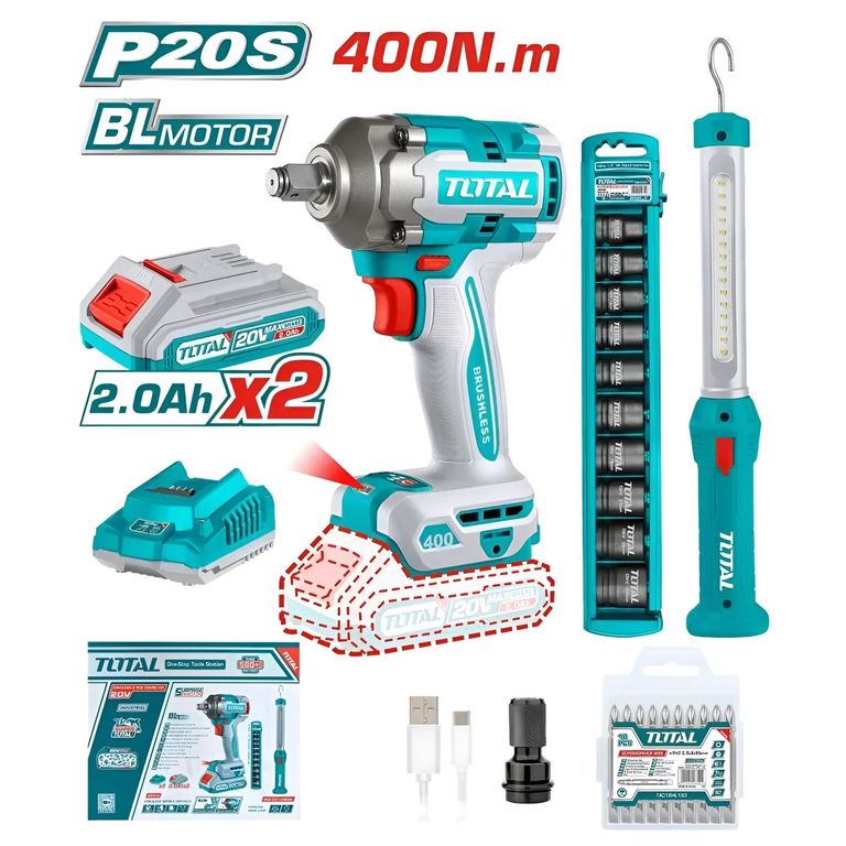 LLAVE DE IMPACTO 400NM 20V + DADOS IMPACTO +LÁMPARA-TOSLI23048