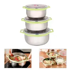 GENERICO - Set de 3 Contenedores o Bowls de Acero con Tapa y Asa color Verde