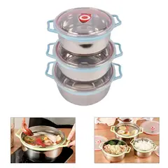 GENERICO - Set de 3 Contenedores o Bowls de Acero con Tapa y Asa color Celeste