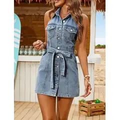GENERICO - Vestido Denim de Verano con Cinturón Jean