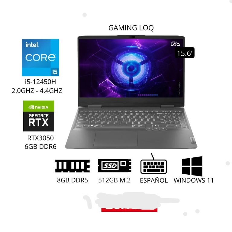 Laptop LOQ Intel Core I5 12450H 8gb 512gb 6g Video RTX3050 15.6 FHD 144 hz Window 11 Gris