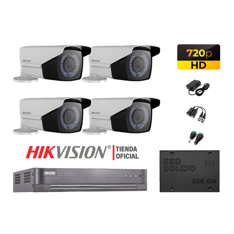 CÁMARAS VIGILANCIA KIT 4 720P HD + DISCO 256GB MAYOR ALCANCE VARIFOCAL