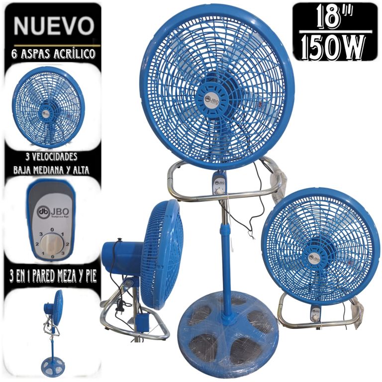 VENTILADOR JBO DE 150W DE 18" PULGADAS 3 EN 1 DE 5 ASPAS CELESTE