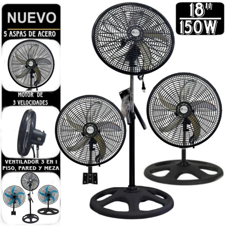 VENTILADOR 3 EN 1 JBO DE PARED, MESA Y PEDESTAL DE 5 ASPAS DE 150W