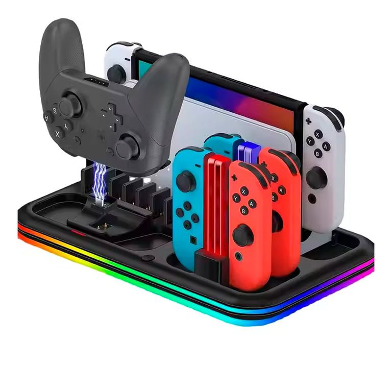 Base 4 en 1 para Nintendo Switch Oled RGB con Cargador de Mando Portaj