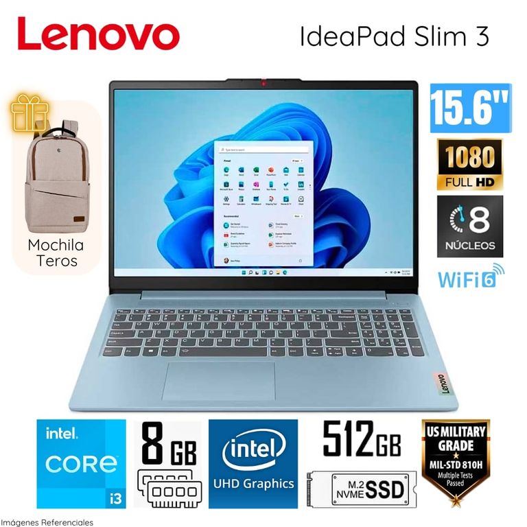 Laptop IdeaPad Slim 3 15IAN8 Intel Core i3-N305 8GB Ram 512GB SSD 15.6 FHD+Mochila 82XB003MLM