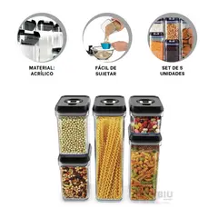 GENERICO - Set de Contenedor 5 Acrilico Tapa Negra Y+Ligas de Regalo