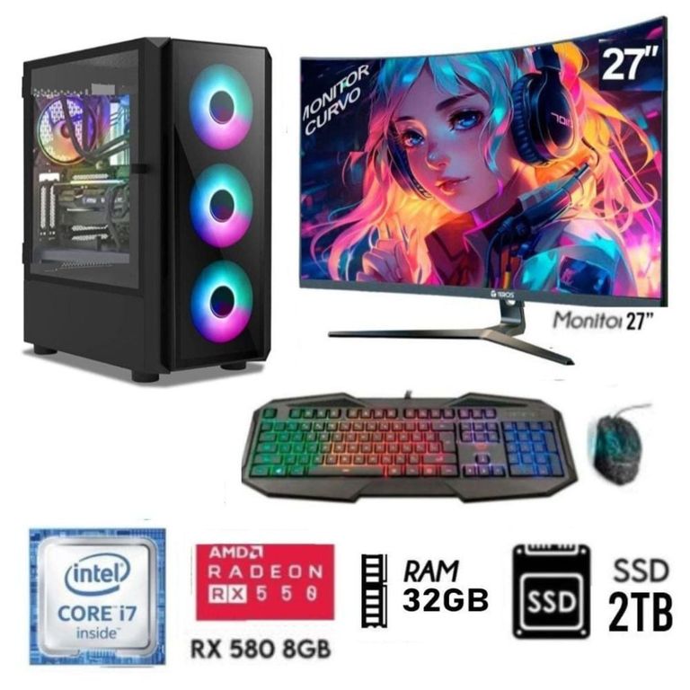 Computadora PC Gamer Core I7 Ram 32GB DISCO SSD 2TB Video RX 580 8GB MONITOR 27