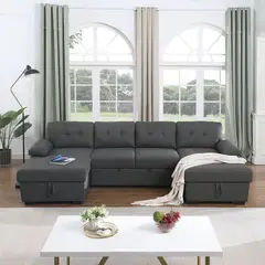GENERICO - Sofá Seccional Cama Marisol + Baúl 4 Cuerpos - Gris Oscuro