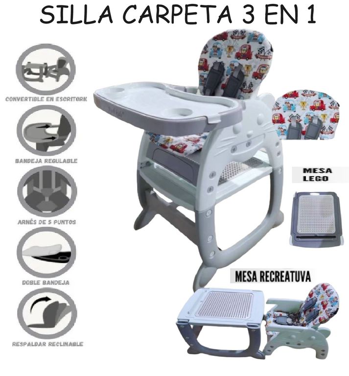 Silla Carpeta de Comer 3 en 1 de Bebe Gato Plomo