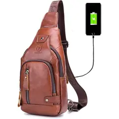 BULLCAPTAIN - Morral de cuero genuino con puerto de carga USB
