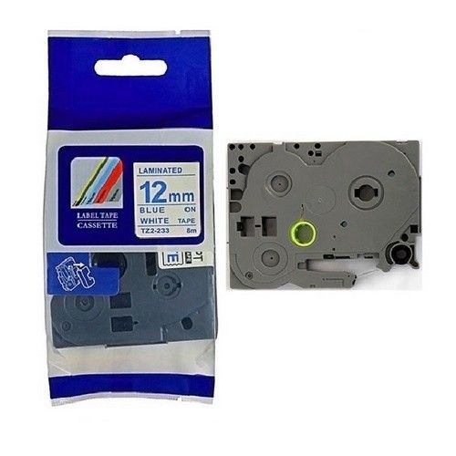 CINTA BROTHER COMPATIBLE Tz2-233 12MM LETRA AZUL SOBRE FONDO BLANCO