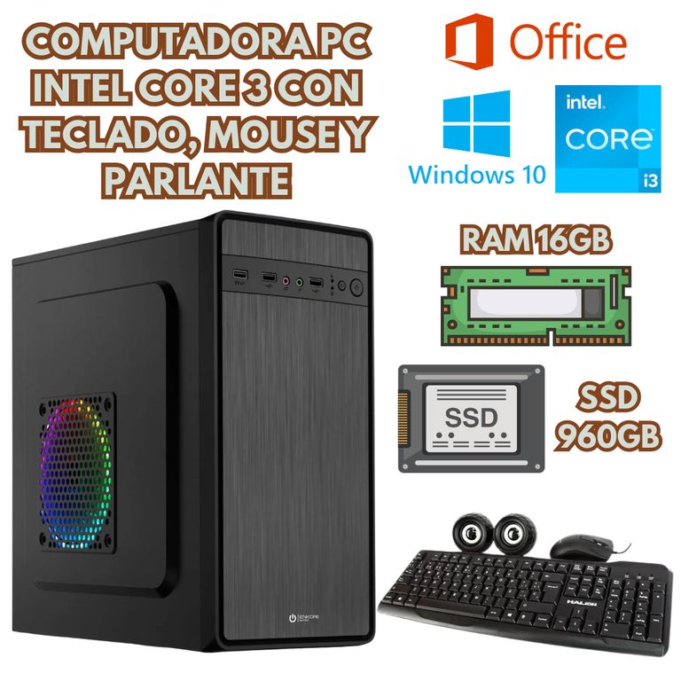COMPUTADORA CORE I3 RAM 16GB SSD 960GB + ACCESORIOS
