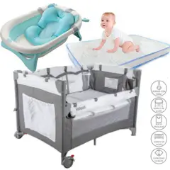 INFANTI - Cuna Always Together+Colchón Celeste y Tina plegable CELESTE