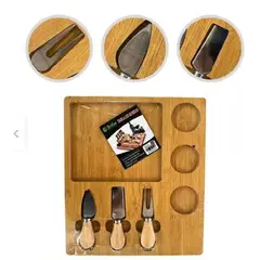 GENERICO - Tabla de Queso o Piqueos con 3 Cuchillos y Posavasos A1