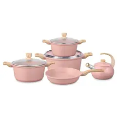 PENTHA - Juego de Olla de Roca Volcánica más Tetera Rosada 9 Piezas