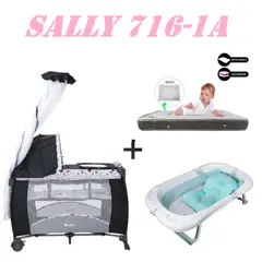 EBABY - Cuna Sally 716-1A Tina Azul Colchon Rosa -Gris