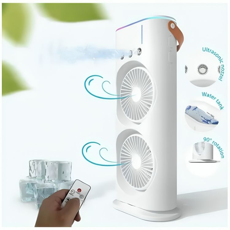 Ventilador Humidificador de Doble Cabezal Recargable a Control Remoto