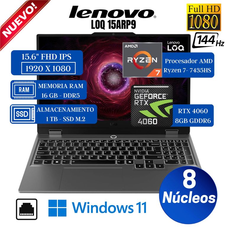 Laptop LOQ 15ARP9 15.6" FHD IPS, AMD RYZEN 7-7435HS, Ram 16GB, Ssd 1 TB, Rtx 4060 8GB, Win 11
