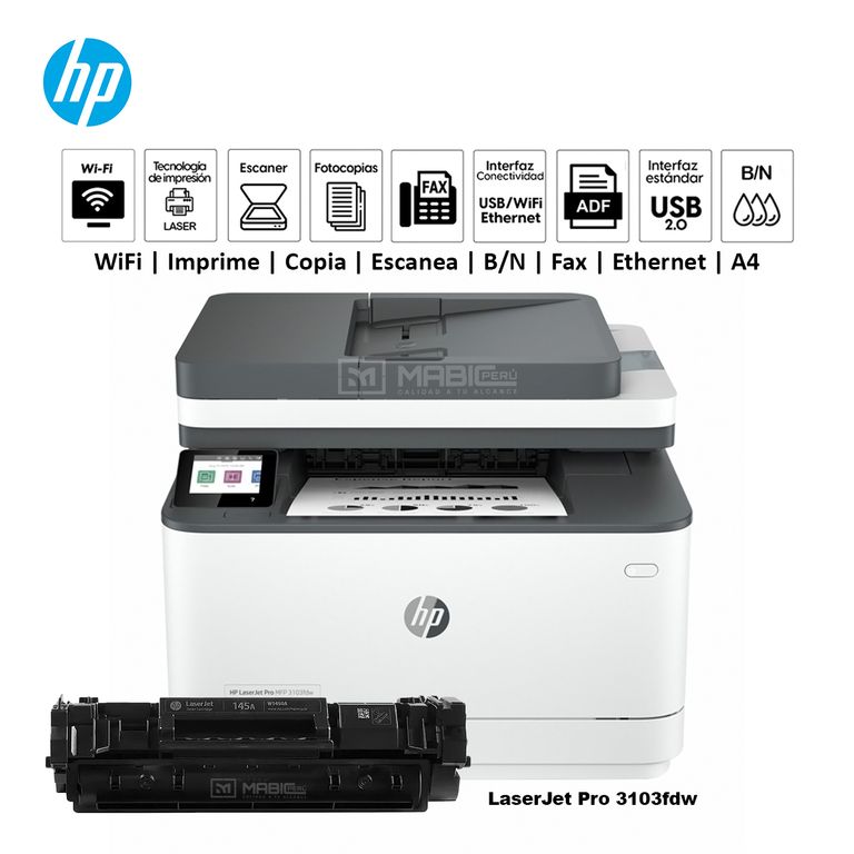 Impresora LaserJet Pro 3103fdw Duplex Wifi Red ADF FAX