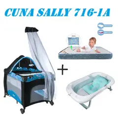 EBABY - Cuna Sally 716-1A Tina Azul Colchon Azul -Azul