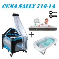 EBABY - Cuna Sally 716-1A Tina Azul Colchon Azul -Gris