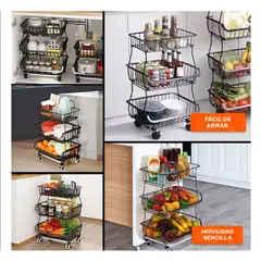 GENERICO - Cesta Resistente Movible 3 Niveles para Cocina de Negro