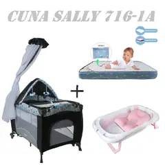 EBABY - Cuna Sally 716-1A Tina Rosa Colchon Gris-Azul