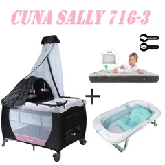 EBABY - Cuna 716-3 Sally Tina Azul Colchon Rosa-Gris