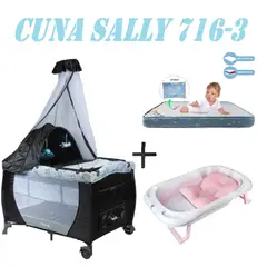 EBABY - Cuna 716-3 Sally Tina Rosa Colchon Gris-Azul