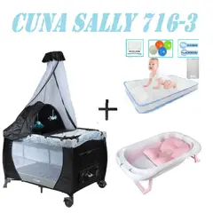 EBABY - Cuna 716-3 Sally Tina Rosa Colchon Gris-Celeste