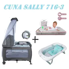 EBABY - Cuna 716-3 Sally Tina Azul Colchon Gris-Rosa
