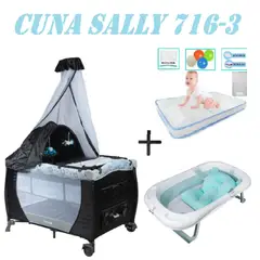 EBABY - Cuna 716-3 Sally Tina Azul Colchon Gris-Celeste