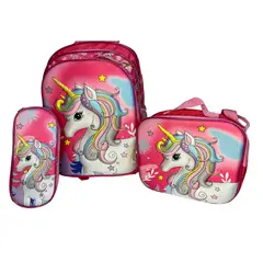 GENERICO - Mochilas escolares niñas unicornio con lonchera y cartuchera 3 en 1