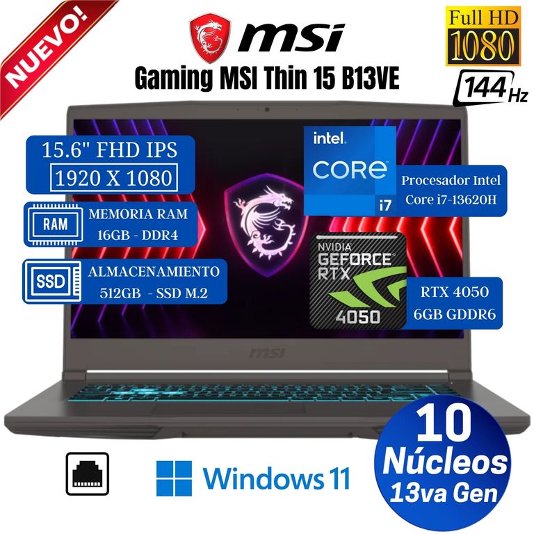Laptop Thin 15 B13VE 15.6” FHD IPS, Core i7-13620H, Ram 16GB, Ssd 512GB, Rtx 4050 6GB, Win 11